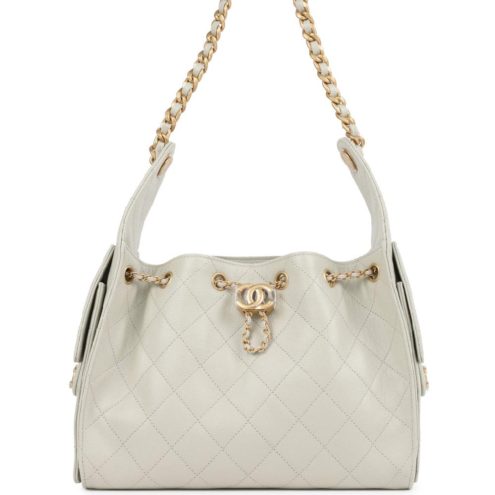 Chanel Small 25 Hobo Bag Light Grey Caviar Antique Gold Hardware