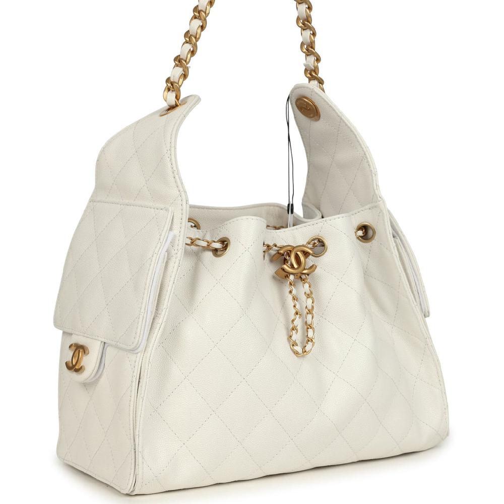 Chanel Small 25 Hobo Bag White Caviar Antique Gold Hardware