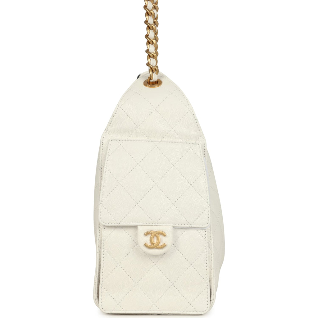 Chanel Small 25 Hobo Bag White Caviar Antique Gold Hardware