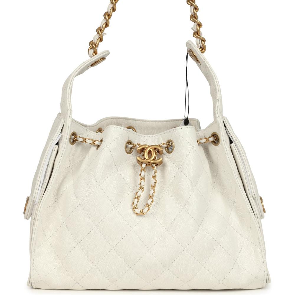 Chanel Small 25 Hobo Bag White Caviar Antique Gold Hardware
