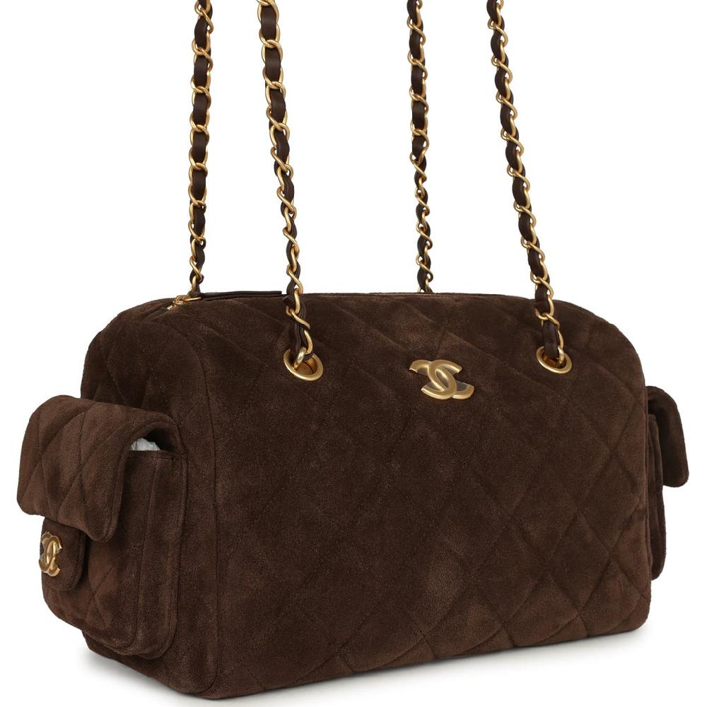 Chanel Small Bowling Bag Dark Brown Suede Antique Gold Hardware