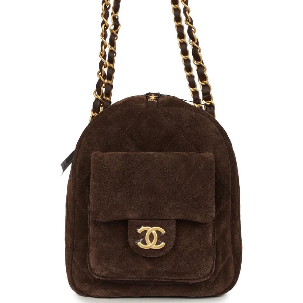 Chanel Small Bowling Bag Dark Brown Suede Antique Gold Hardware