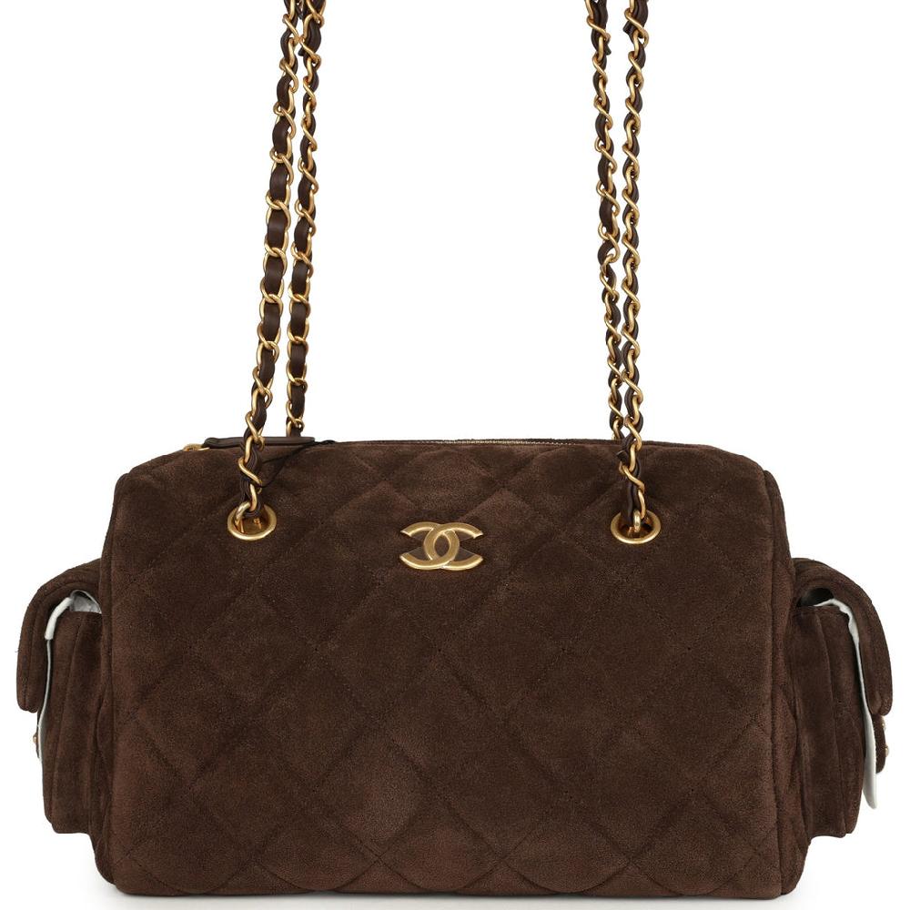 Chanel Small Bowling Bag Dark Brown Suede Antique Gold Hardware