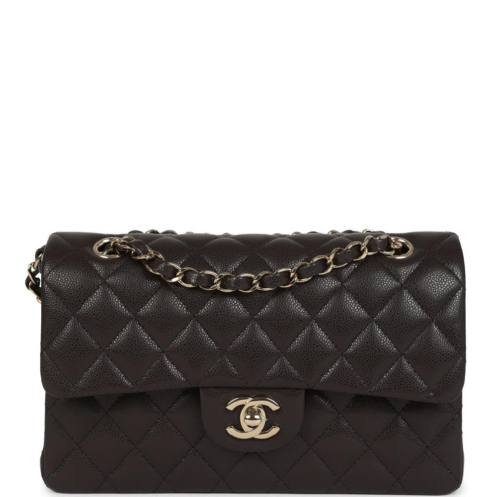 Chanel Small Classic Double Flap Bag Brown Shiny Caviar Light Gold Hardware