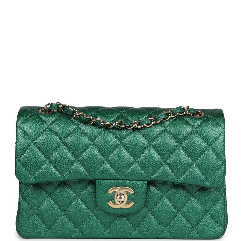 Chanel Small Classic Double Flap Bag Emerald Green Shiny Caviar Gold Hardware