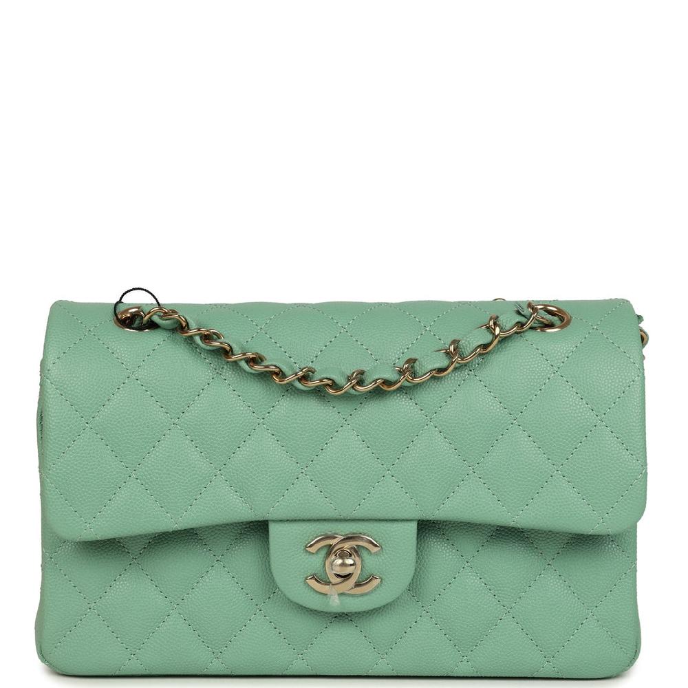 Chanel Small Classic Double Flap Bag Green Caviar Light Gold Hardware