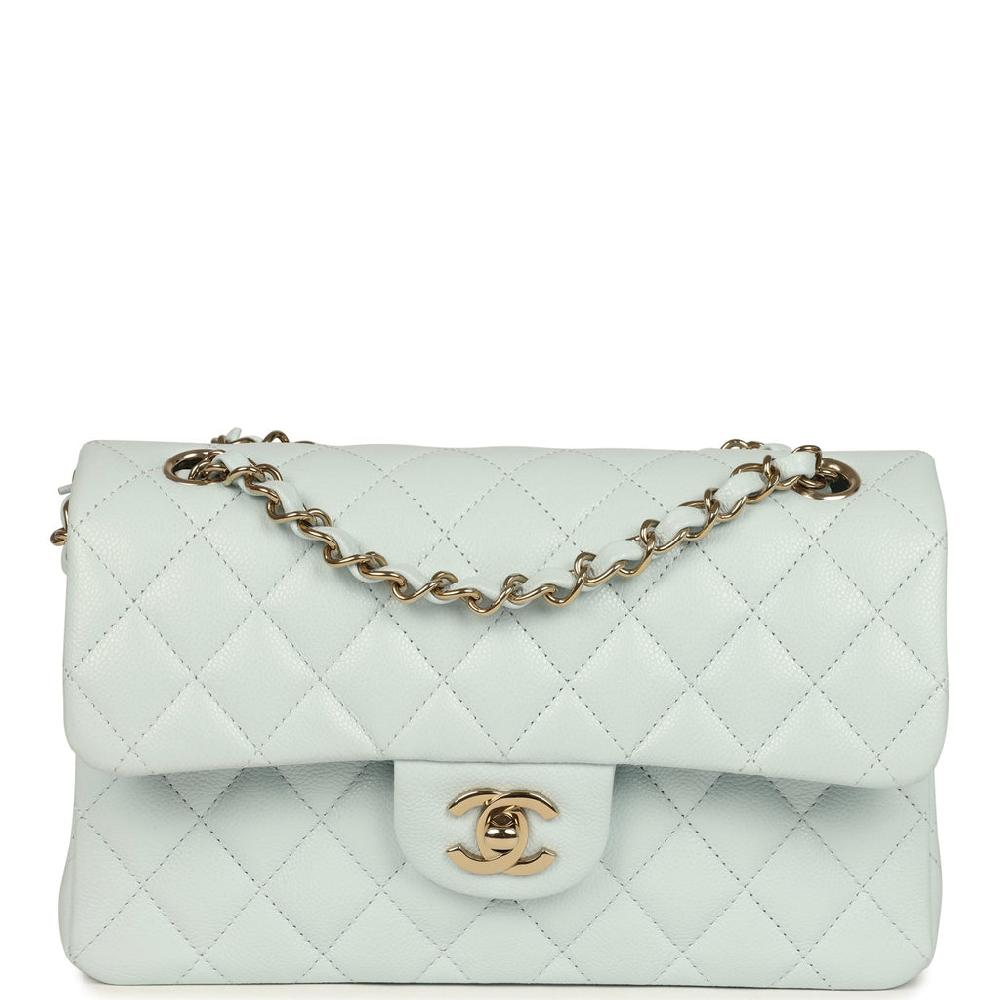 Chanel Small Classic Double Flap Bag Light Blue Shiny Caviar Light Gold Hardware