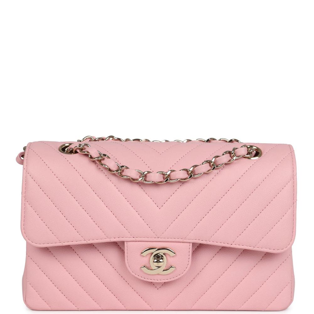 Chanel Small Classic Double Flap Bag Light Pink Chevron Caviar Light Gold Hardware