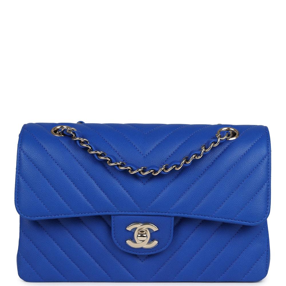 Chanel Small Classic Double Flap Blue Chevron Caviar Light Gold Hardware
