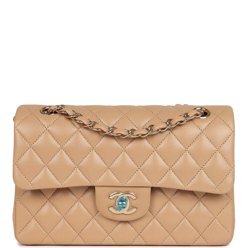 Chanel Small Classic Double Flap Dark Beige Lambskin Gold Hardware