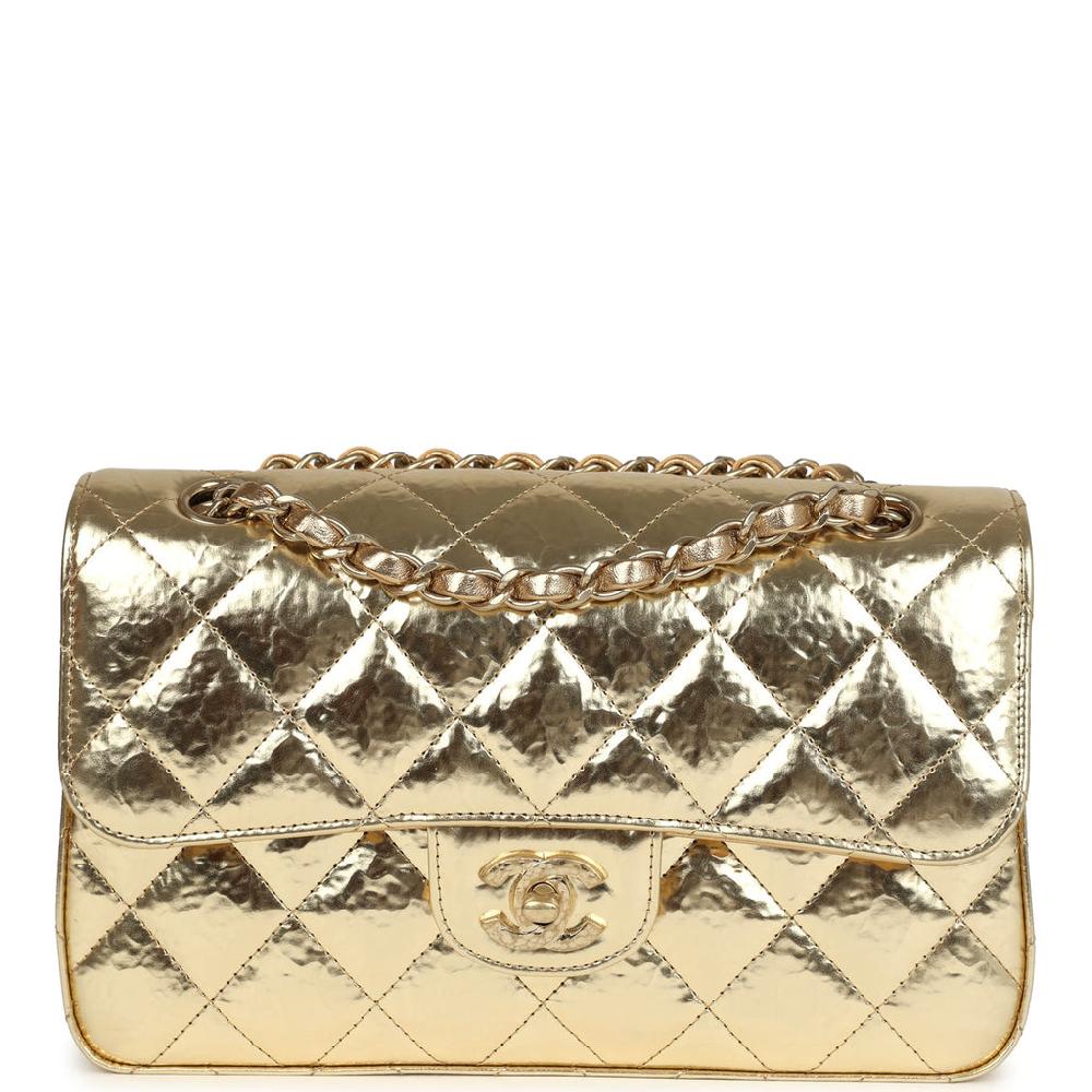 Chanel Small Classic Double Flap Gold Hammered Metallic Calfskin Brushed Gold Hardware