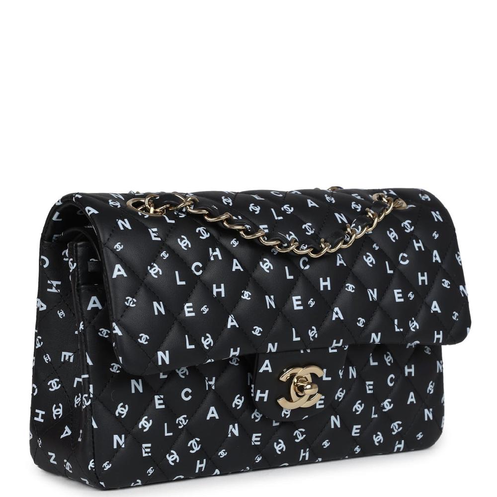 Chanel Small Classic Double Logo Printed Flap Bag Black And White Calfskin Gold Hardware