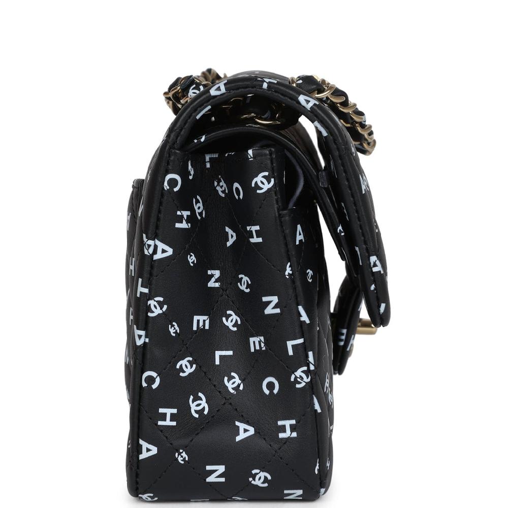 Chanel Small Classic Double Logo Printed Flap Bag Black And White Calfskin Gold Hardware