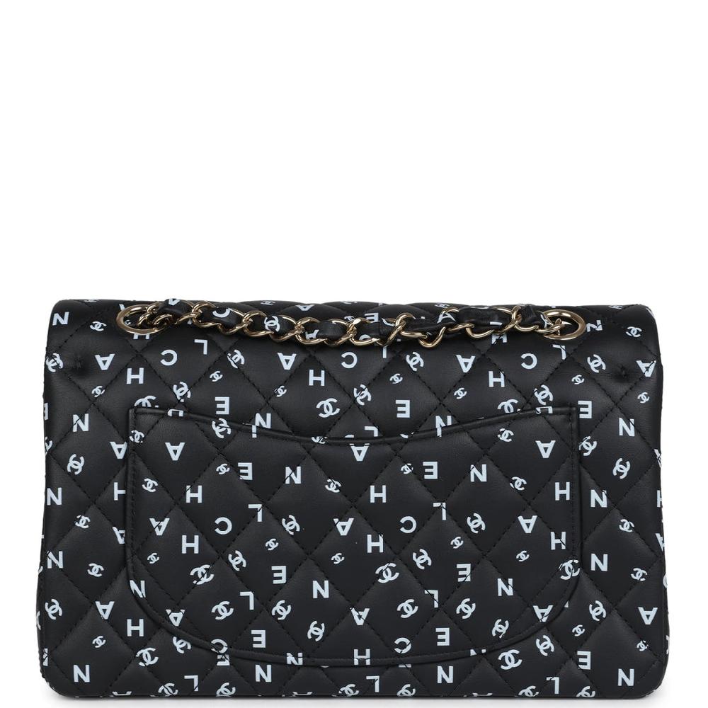 Chanel Small Classic Double Logo Printed Flap Bag Black And White Calfskin Gold Hardware