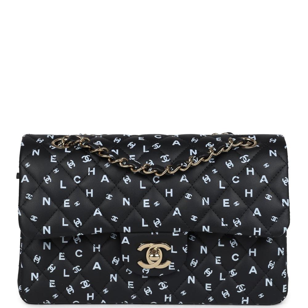 Chanel Small Classic Double Logo Printed Flap Bag Black and White Calfskin Gold Hardware