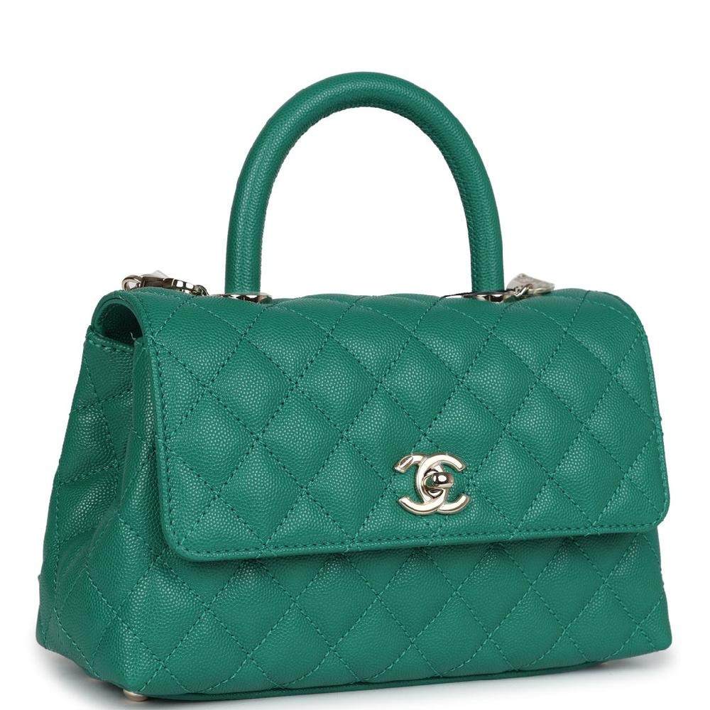Chanel Small Coco Top Handle Flap Bag Dark Green Caviar Light Gold Hardware