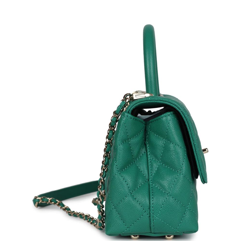 Chanel Small Coco Top Handle Flap Bag Dark Green Caviar Light Gold Hardware