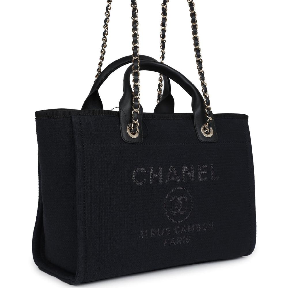 Chanel Small Deauville Shopping Tote Black Canvas Light Gold Hardware