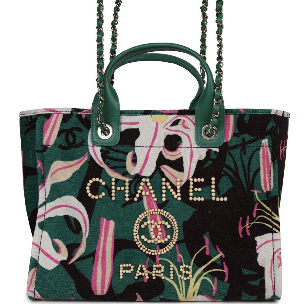 Chanel Small Deauville Shopping Tote Green And Pink Tropical Floral Velvet Light Gold Hardware