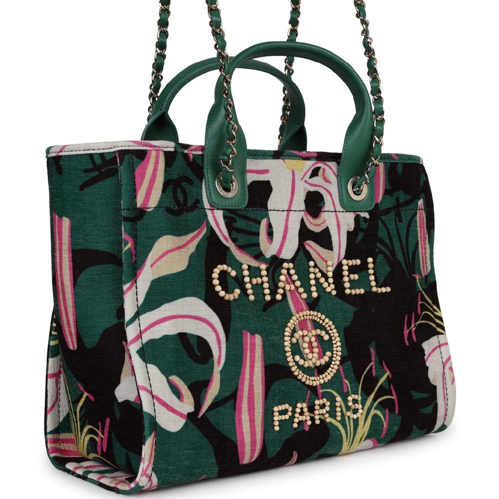 Chanel Small Deauville Shopping Tote Green And Pink Tropical Floral Velvet Light Gold Hardware