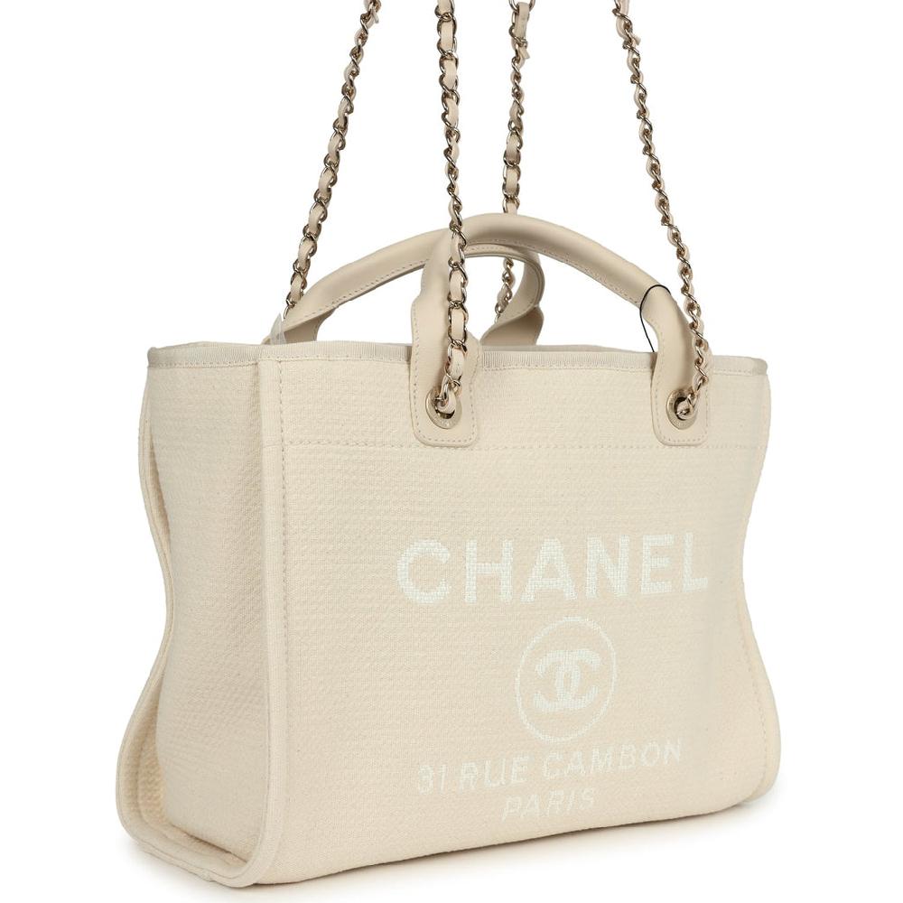 Chanel Small Deauville Shopping Tote Ivory Canvas Light Gold Hardware
