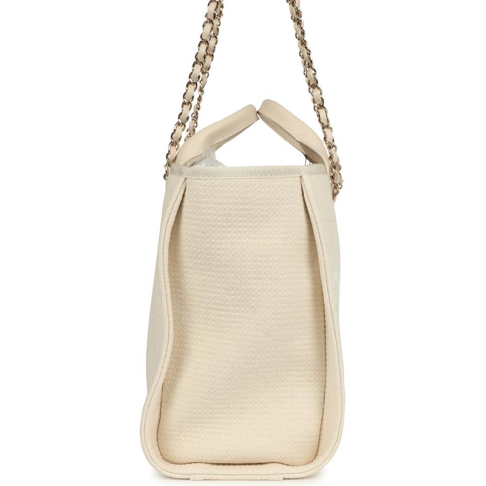 Chanel Small Deauville Shopping Tote Ivory Canvas Light Gold Hardware