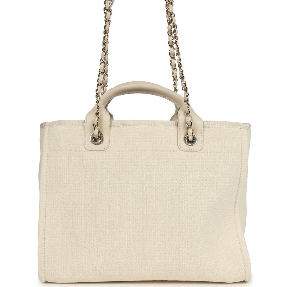 Chanel Small Deauville Shopping Tote Ivory Canvas Light Gold Hardware