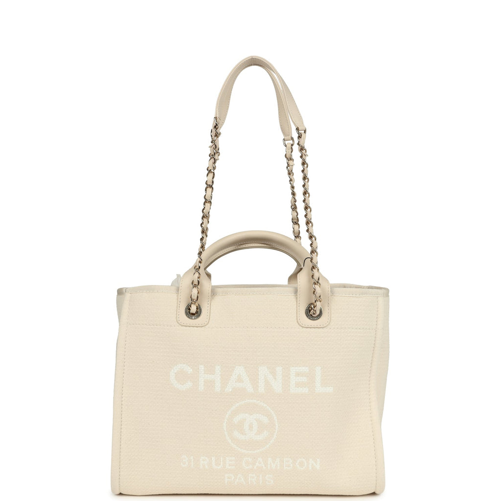 Chanel Small Deauville Shopping Tote Ivory Canvas Light Gold Hardware