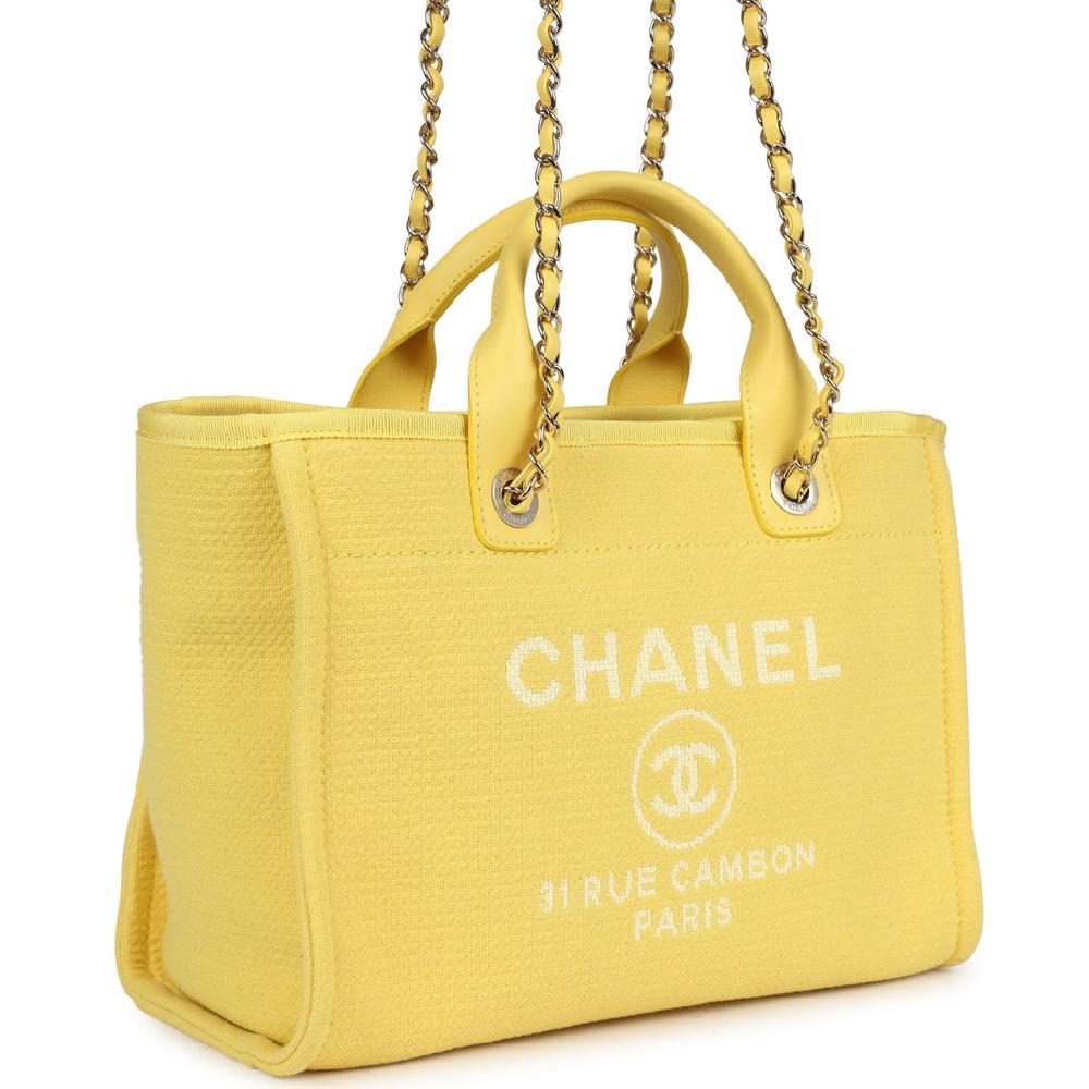 Chanel Small Deauville Shopping Tote Yellow Canvas Light Gold Hardware