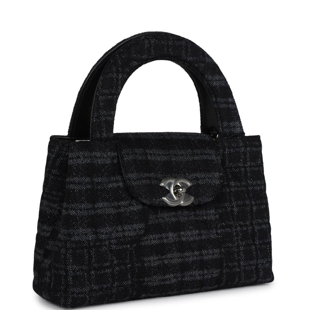 Chanel Small Kelly Shopper Dark Grey And Black Plaid Canvas Ruthenium Hardware