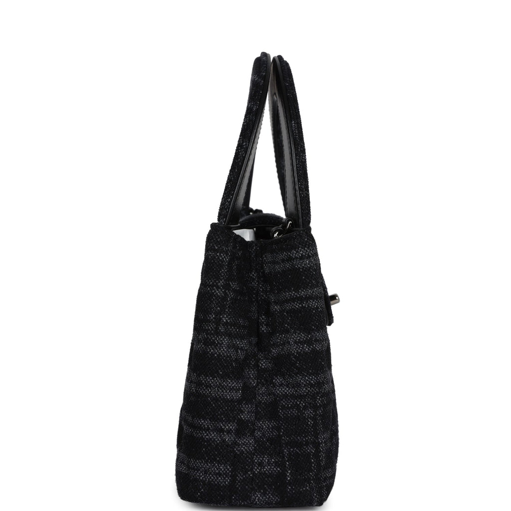 Chanel Small Kelly Shopper Dark Grey And Black Plaid Canvas Ruthenium Hardware