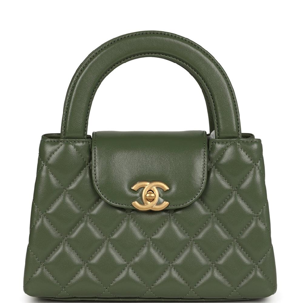 Chanel Small Kelly Shopper Khaki Shiny Aged Calfskin Brushed Gold Hardware