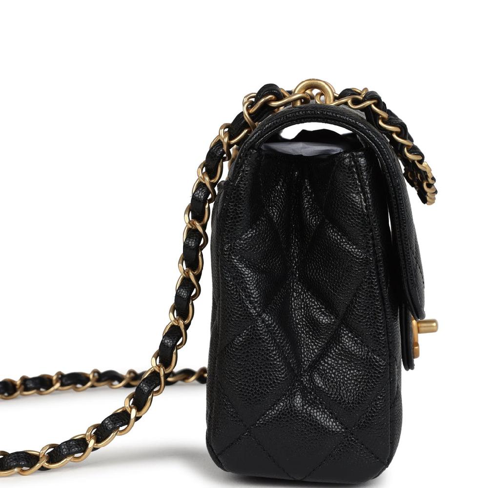 Chanel Small Top Handle Flap Bag Black Shiny Grained Calfskin Brushed Gold Hardware