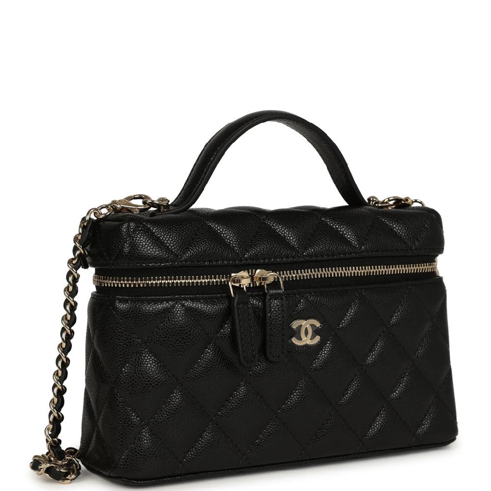 Chanel Top Handle Long Vanity Case With Chain Black Shiny Caviar Light Gold Hardware
