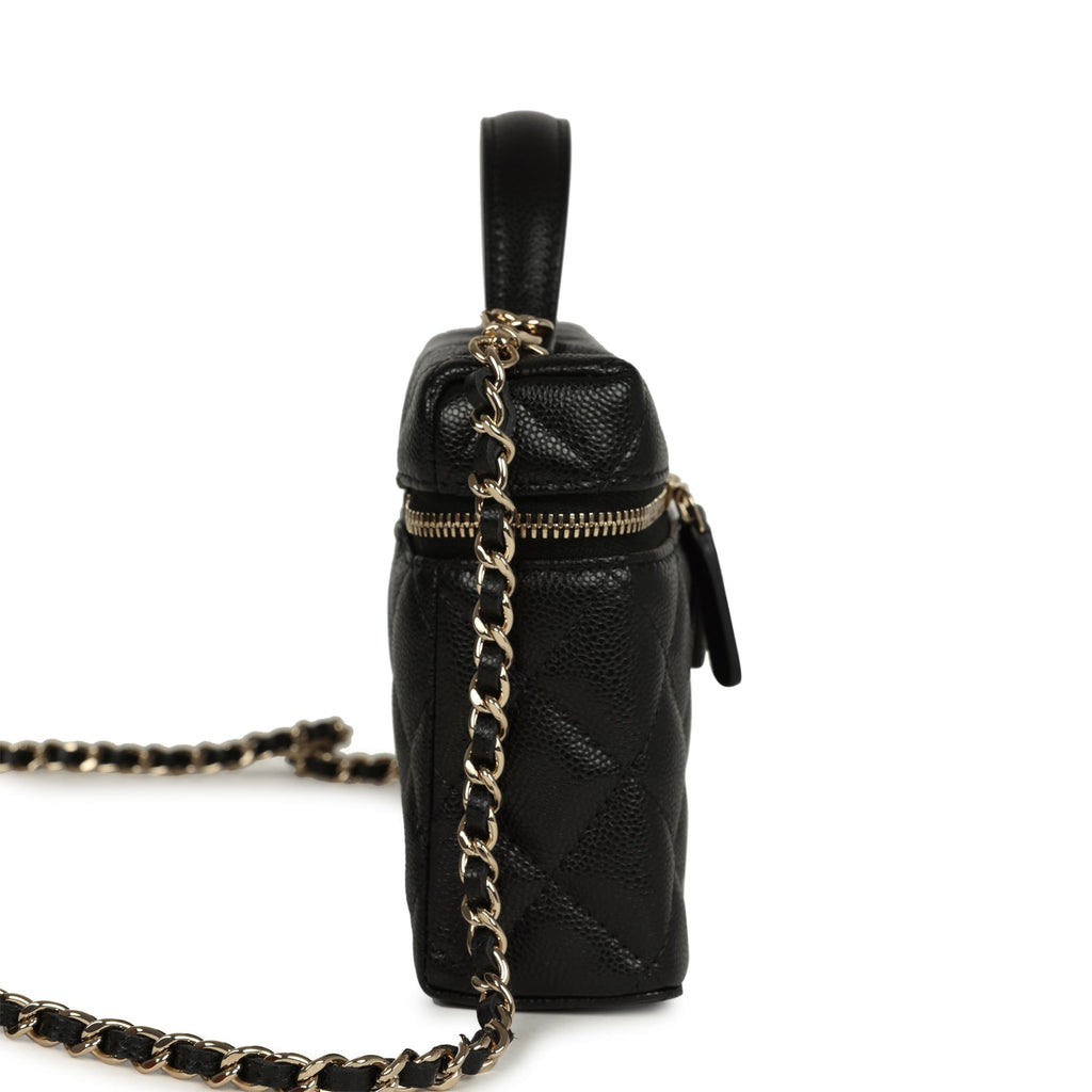 Chanel Top Handle Long Vanity Case With Chain Black Shiny Caviar Light Gold Hardware