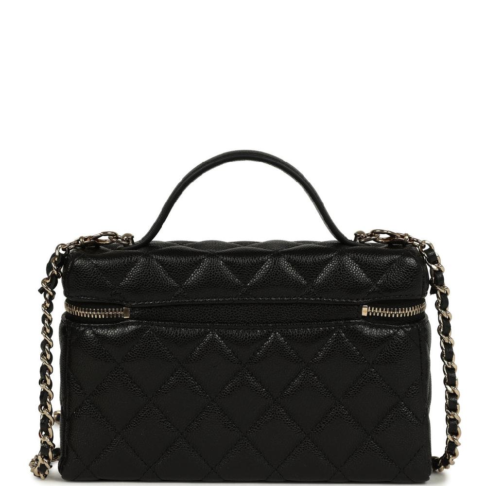 Chanel Top Handle Long Vanity Case With Chain Black Shiny Caviar Light Gold Hardware