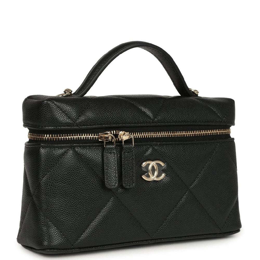 Chanel Top Handle Long Vanity Case With Chain Black Shiny Large Quilted Caviar Light Gold Hardware
