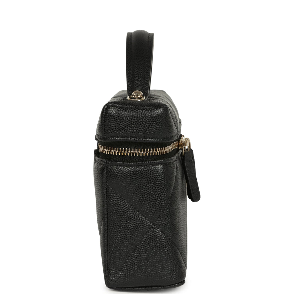 Chanel Top Handle Long Vanity Case With Chain Black Shiny Large Quilted Caviar Light Gold Hardware