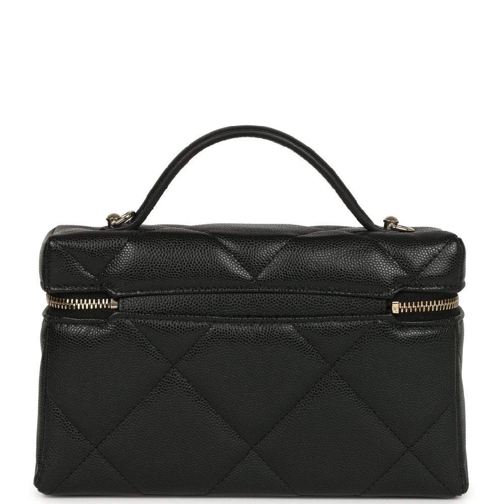 Chanel Top Handle Long Vanity Case With Chain Black Shiny Large Quilted Caviar Light Gold Hardware