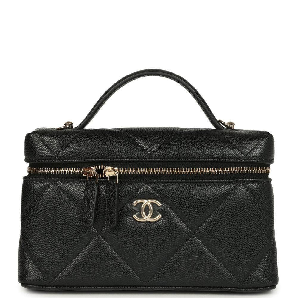 Chanel Top Handle Long Vanity Case with Chain Black Shiny Large Quilted Caviar Light Gold Hardware