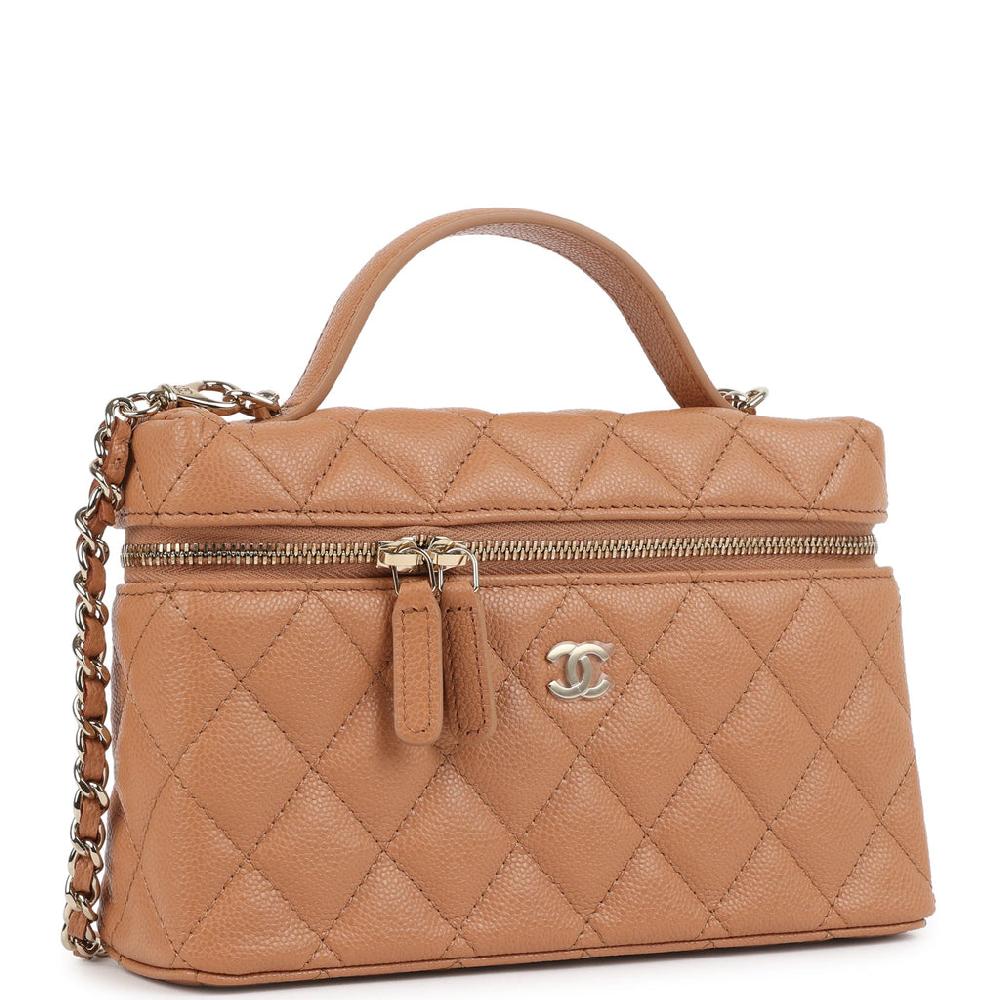 Chanel Top Handle Long Vanity Case With Chain Caramel Shiny Caviar Light Gold Hardware