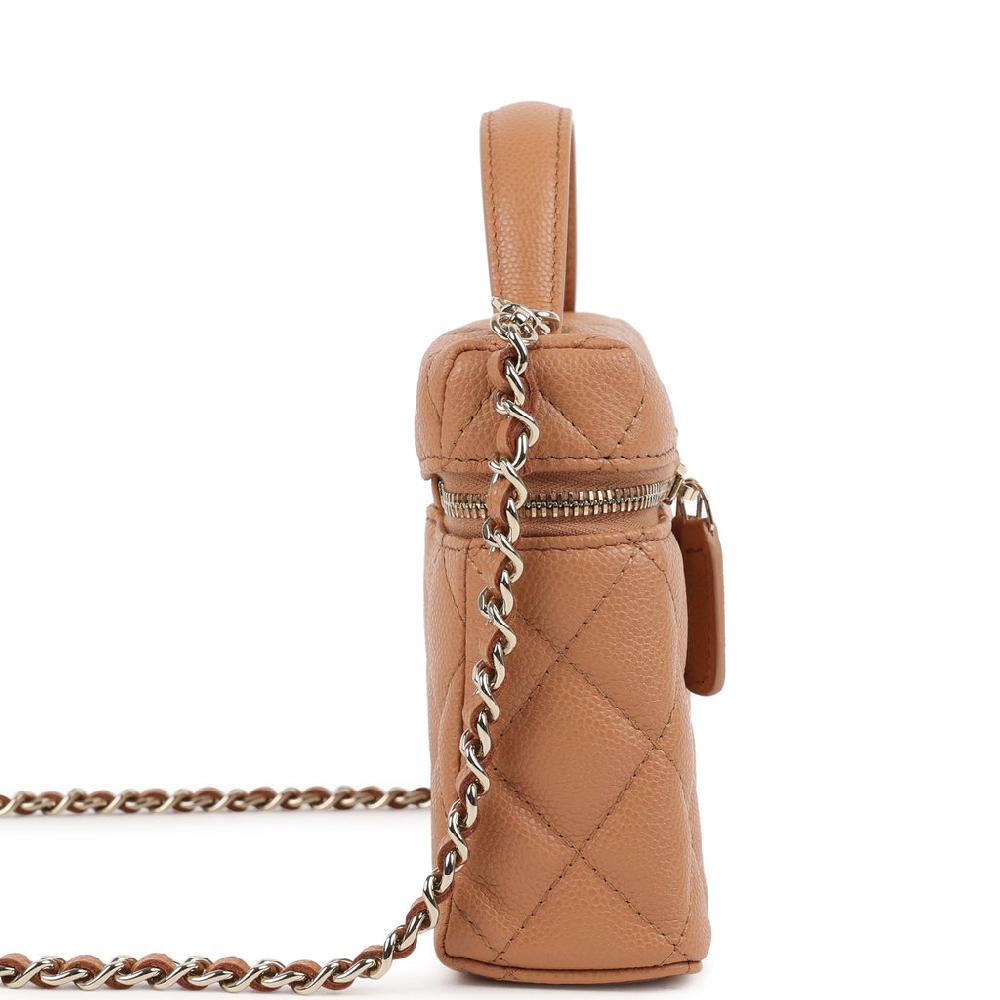 Chanel Top Handle Long Vanity Case With Chain Caramel Shiny Caviar Light Gold Hardware