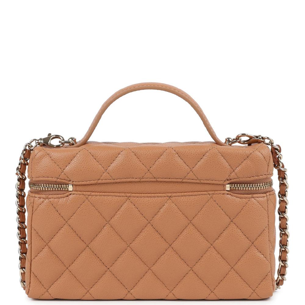 Chanel Top Handle Long Vanity Case With Chain Caramel Shiny Caviar Light Gold Hardware