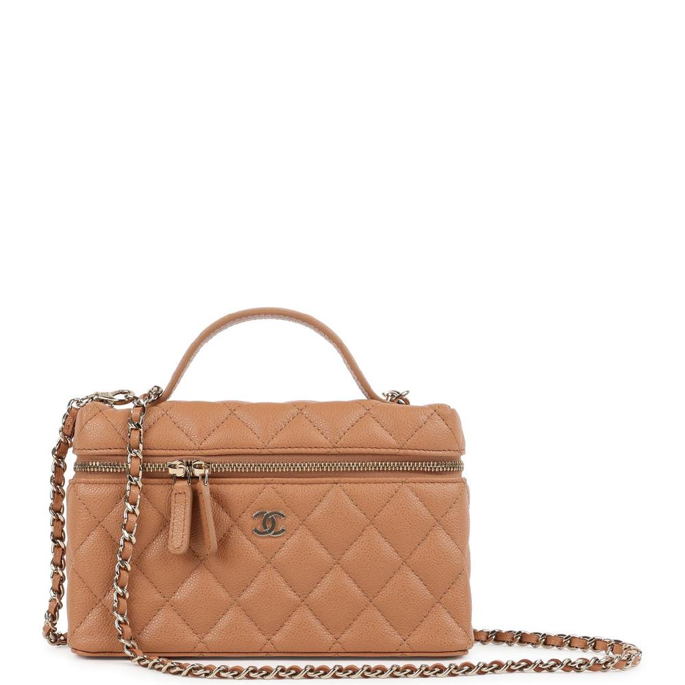 Chanel Top Handle Long Vanity Case with Chain Caramel Shiny Caviar Light Gold Hardware