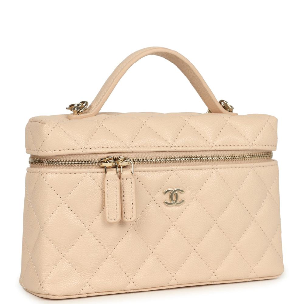 Chanel Top Handle Long Vanity Case With Chain Light Beige Shiny Caviar Light Gold Hardware