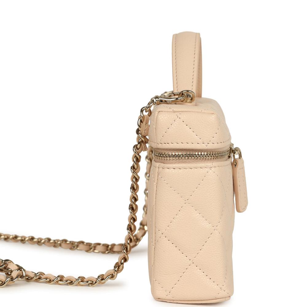 Chanel Top Handle Long Vanity Case With Chain Light Beige Shiny Caviar Light Gold Hardware