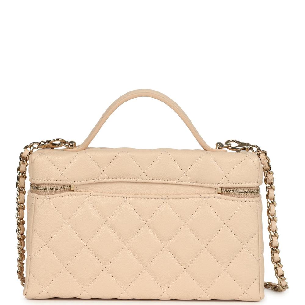 Chanel Top Handle Long Vanity Case With Chain Light Beige Shiny Caviar Light Gold Hardware