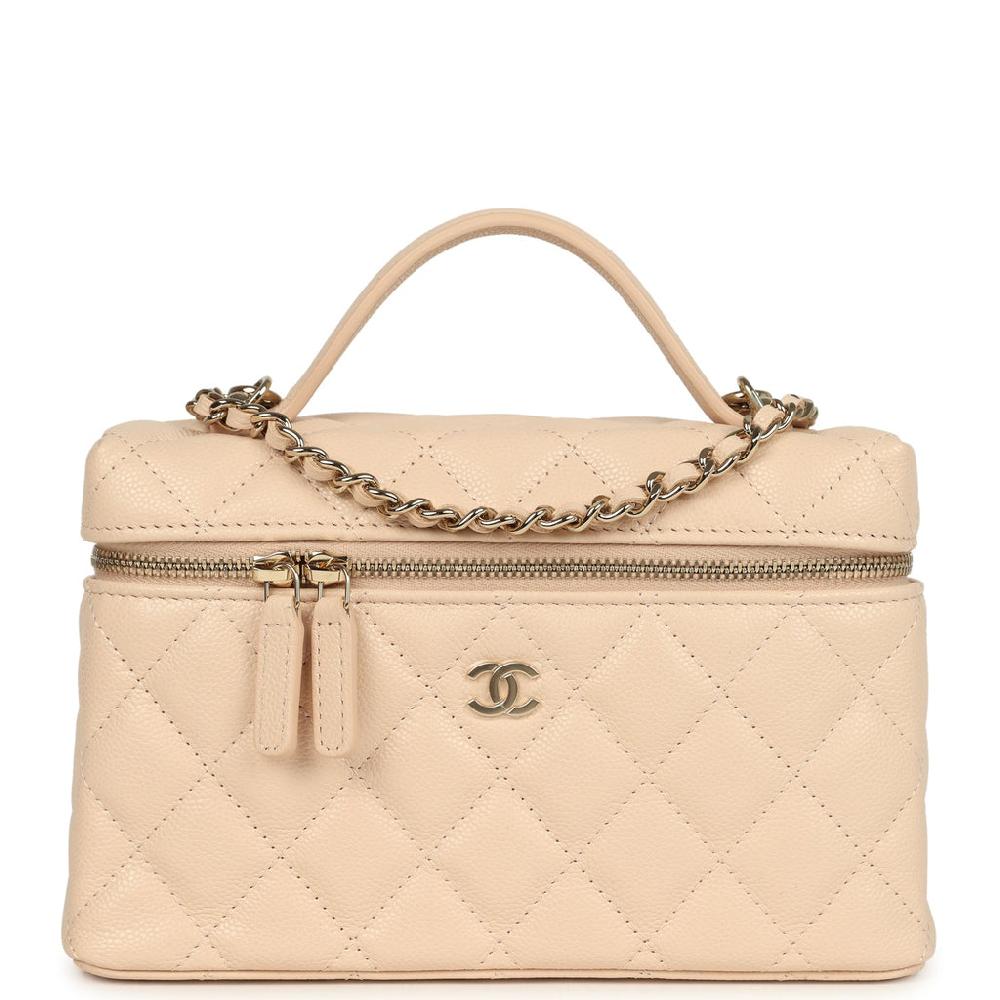 Chanel Top Handle Long Vanity Case with Chain Light Beige Shiny Caviar Light Gold Hardware