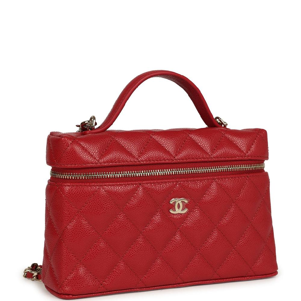Chanel Top Handle Long Vanity Case With Chain Red Shiny Caviar Light Gold Hardware