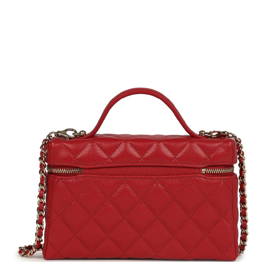 Chanel Top Handle Long Vanity Case With Chain Red Shiny Caviar Light Gold Hardware